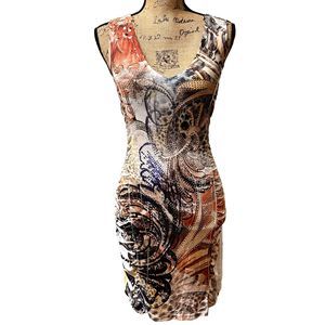 Cocktail Party Ruched Sides Multicolor Embellished Lace Dress SZ M Made in USA